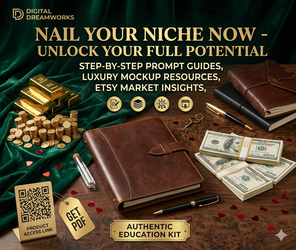 Digital graphic for the Nail Your Niche Now guide, featuring a green cover with gold text and decorative star icons. The design includes floating gold coins to represent business growth and potential.