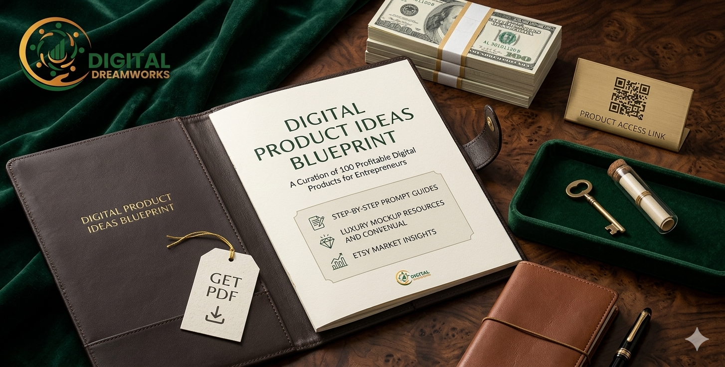 Digital mockup of the Digital Product Blueprint guide featuring a pile of one-hundred-dollar bills. This emerald green passive income guide lists one hundred profitable digital product ideas for online business creators.