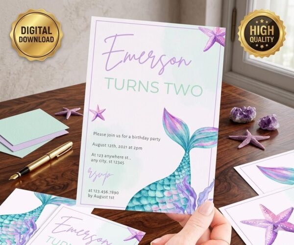 Mermaid Birthday Invitation, Editable Canva Template, Under the Sea Magical Party Invite