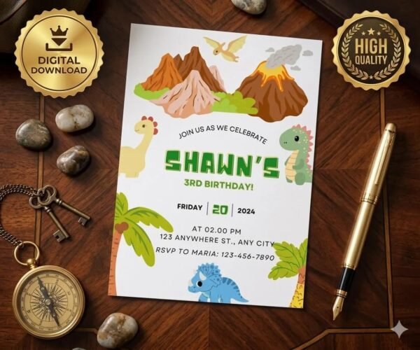Editable Canva Template, Dinosaur Birthday Party Invitation