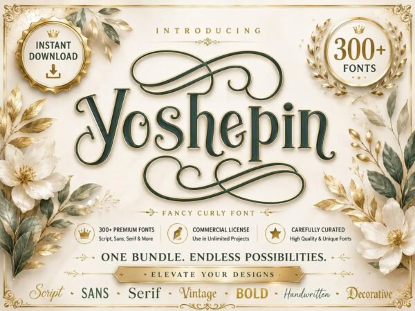 Premium Fonts Bundle, 100 Mega Font Pack in Bulk for Graphic Designers Crafters Cricut Silhouette DIY Projects